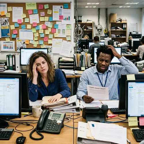Office Chaos: Stressed Woman and Man Surrounded by Piles of Papers