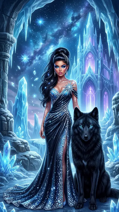 Stunning Girl with Blue-Eyed Black Wolf