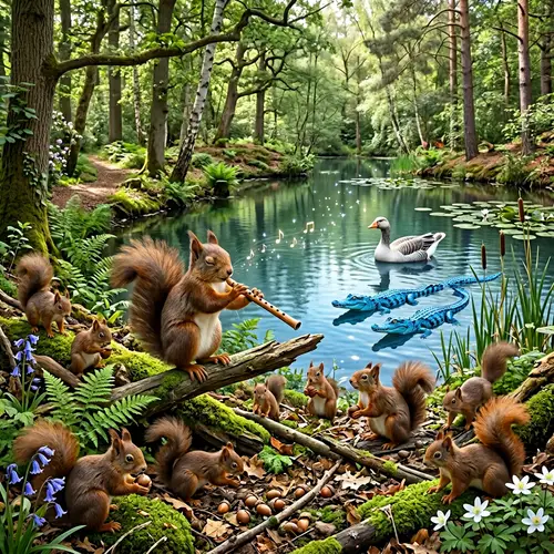 Enchanting Forest Scene with Musical Squirrels and Mystical Creatures