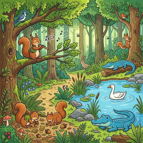 Enchanting Forest Scene with Squirrels and Musical Squirrel Flutist