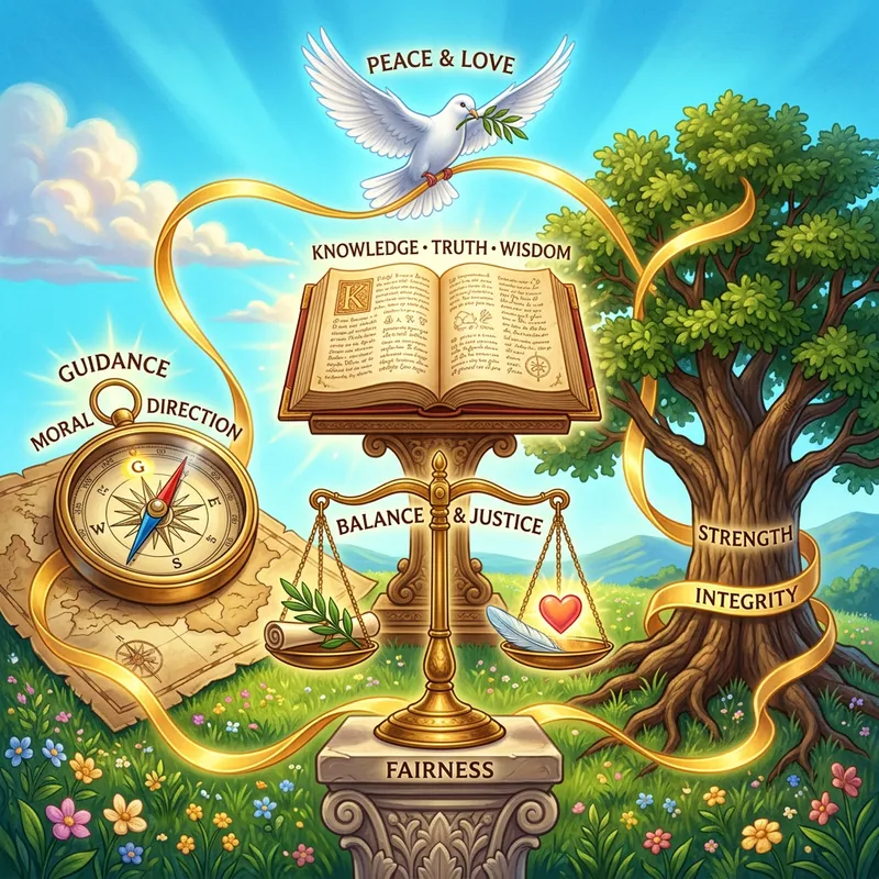 Symbolic Representation of Ethics: Balanced Scales, Open Book, Dove, Compass & Oak Tree