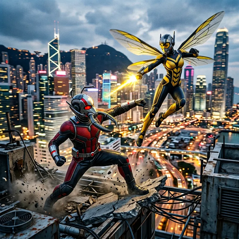 Ant-Man vs Wasp in Urban Showdown - Action-packed Scene