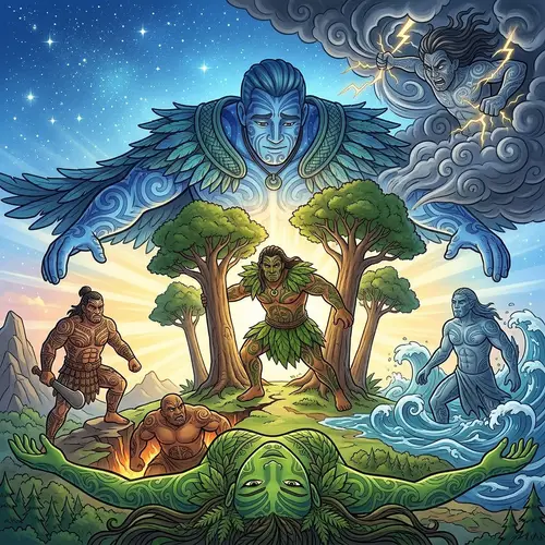 Cartoon of Ranginui, Papatuanuku, and Their Children