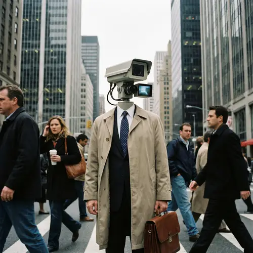 Surreal Businessman CCTV Camera Head | City Street Scene