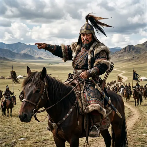 Historical Mongolian Leader in Traditional 13th Century Attire on Horseback