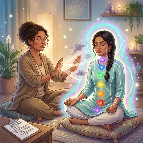 Theta Healing Session Illustration: Serene Energy Clearing