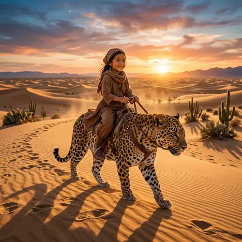 Girl Riding Leopard in Golden Desert - Majestic Journey