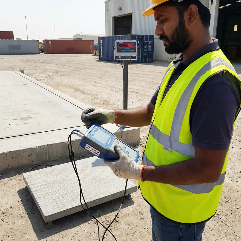 Technician Calibrating Truck Weighing Scale with Load Cell Tester LCT-Ultimate