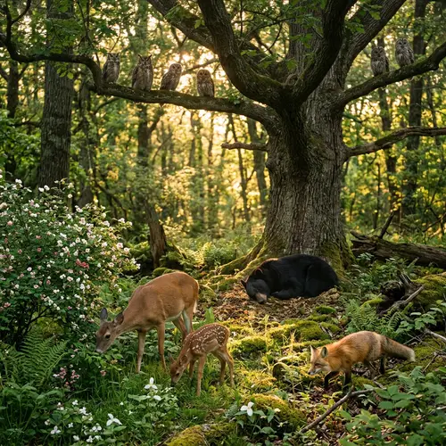 Tranquil Forest Scene: Deer, Fox, Bear & Owls Coexisting