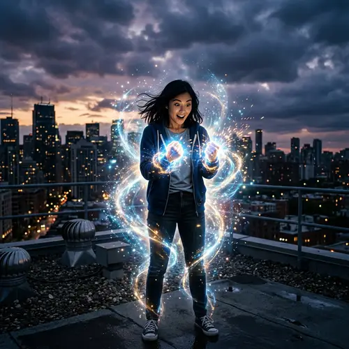 Ordinary Person Transforms into Superhero with Glowing Powers in Cityscape