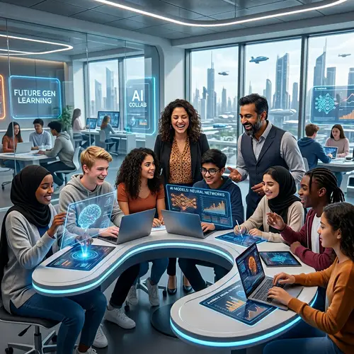 Diverse Teenage Students Engaged in Studies with Advanced AI | Futuristic Classroom