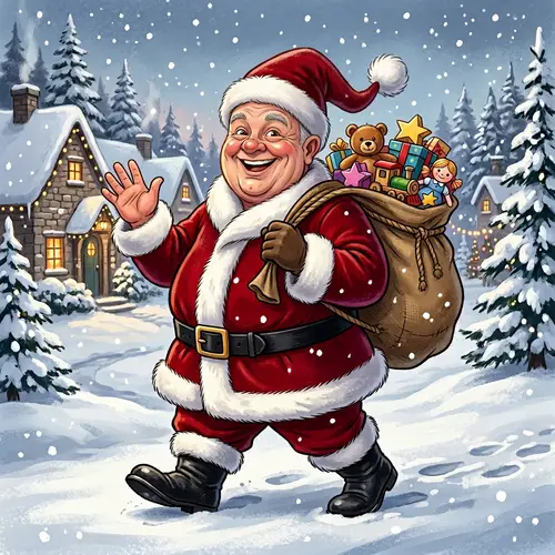 Cheerful Rotund Man Without Beard in Red Robe and Hat