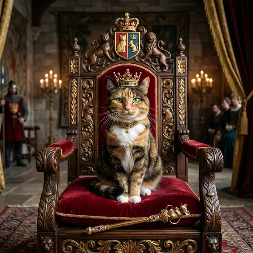 Regal Queen Cat on Throne with Multicolored Fur Pattern