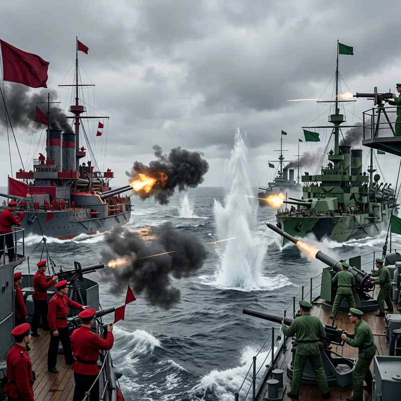 Battle of Naval Forces: Red vs. Green Attire in Turbulent Seas Battle of Naval Forces: Red vs. Green Attire in Turbulent Seas
