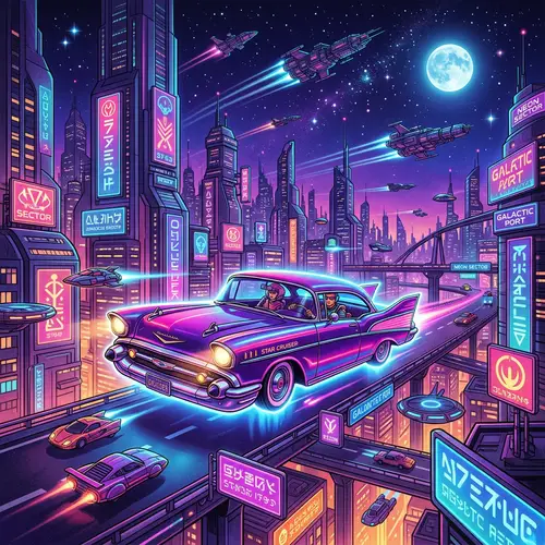 Retro-Futuristic Sci-Fi Scene with Hovering Car & Spaceships