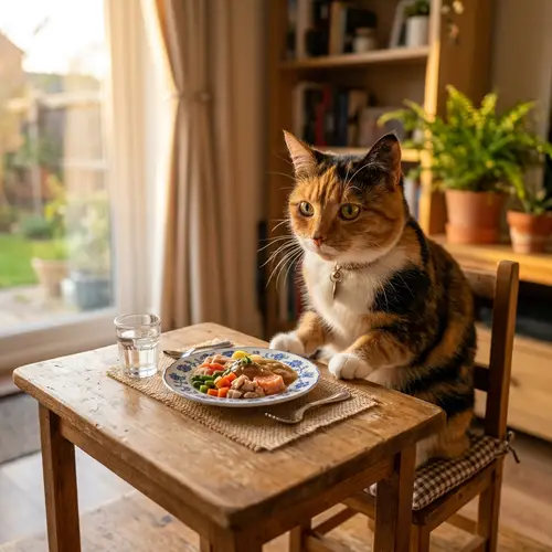 Calico Cat Enjoying Gourmet Dinner at Tiny Table