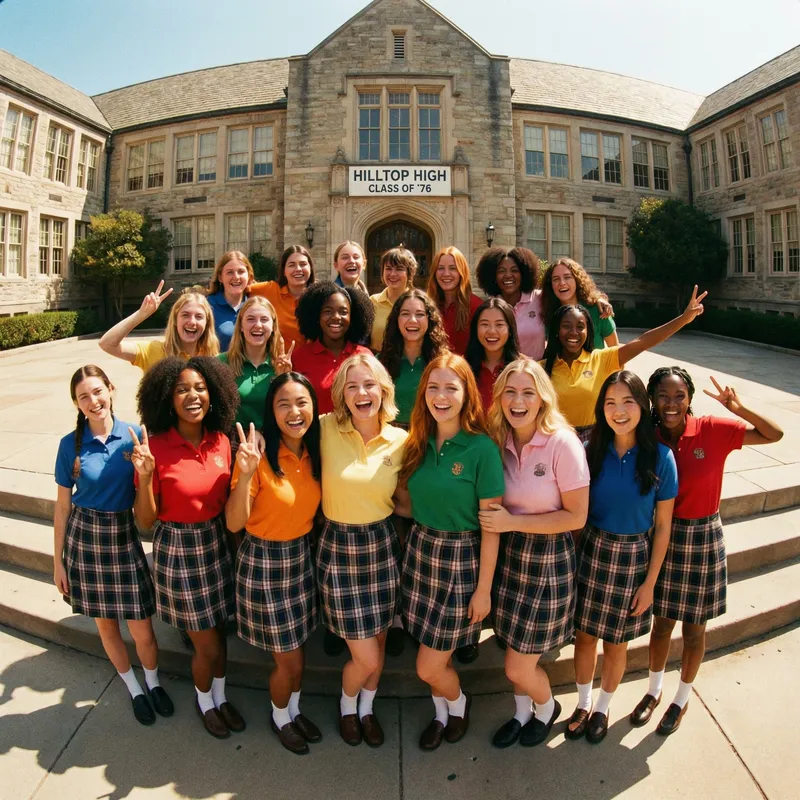 Vibrant Schoolgirls in Vintage Uniforms | Retro Aesthetic & Playful Poses