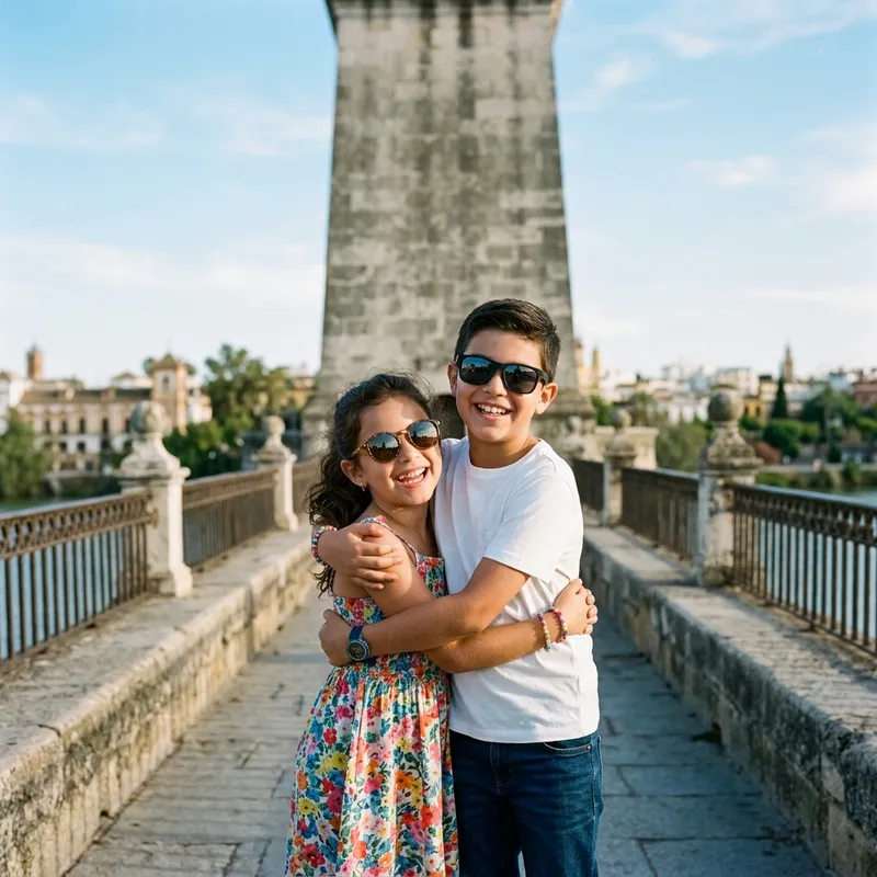 Young Couple Embracing on Bridge with Pillar in Background