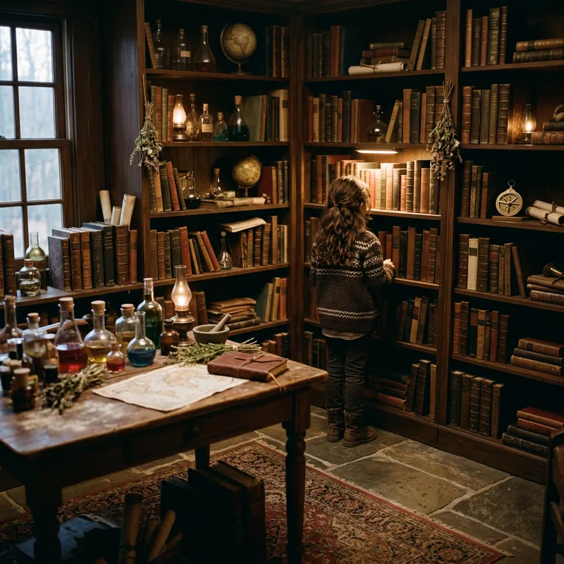 Enchanted Cozy Library with Alchemy Table and Vintage Books