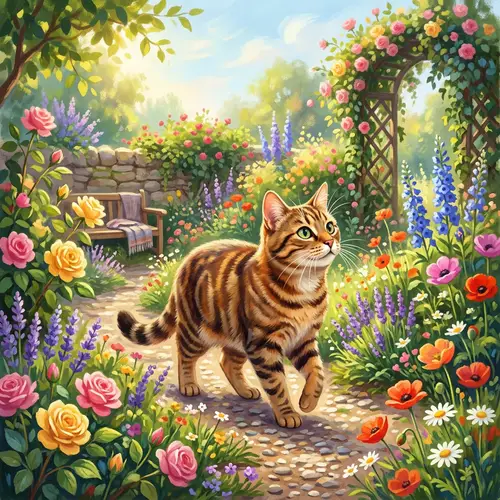 Playful Tabby Cat in Sunny Garden - Digital Painting with Whimsical Touch