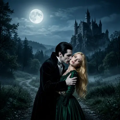 Gothic Vampire Bite: Moonlit Scene with Dracula and Blonde Woman