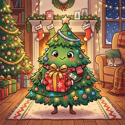 Cute Christmas Tree with Gift in Comic Style