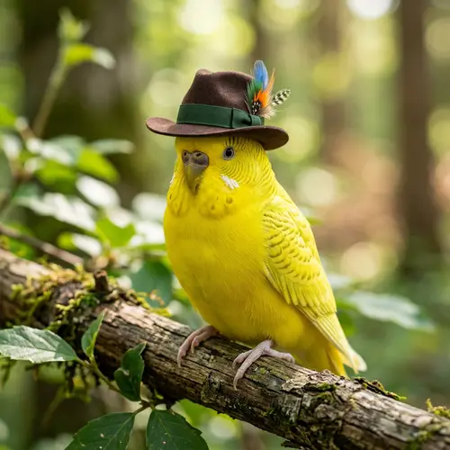 Realistic Budgerigar in Gentleman's Hat | Vibrant Yellow Plumage