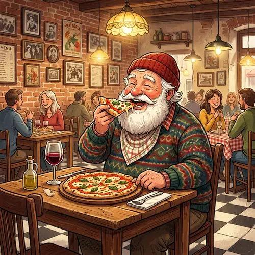 Elderly Man Enjoying Pizza in Traditional Italian Restaurant, Rome