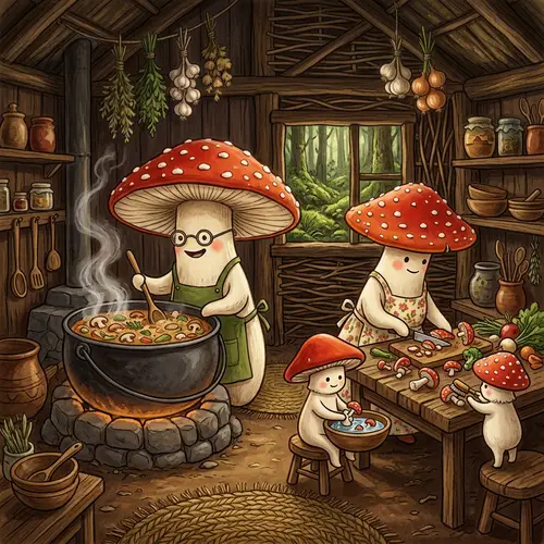 Family of Mushrooms Preparing for Winter