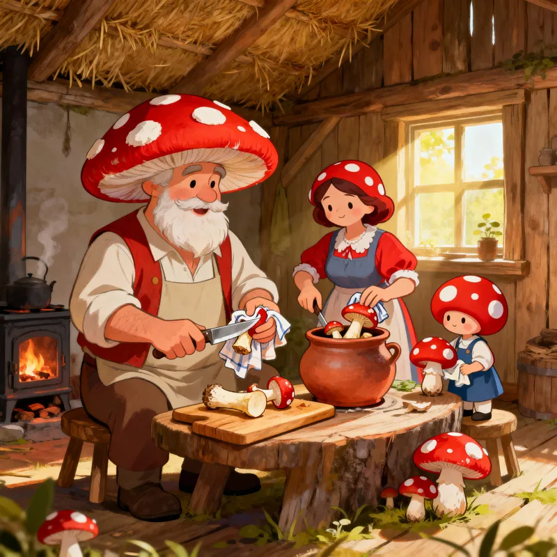 Family of Mushrooms Preparing for Winter