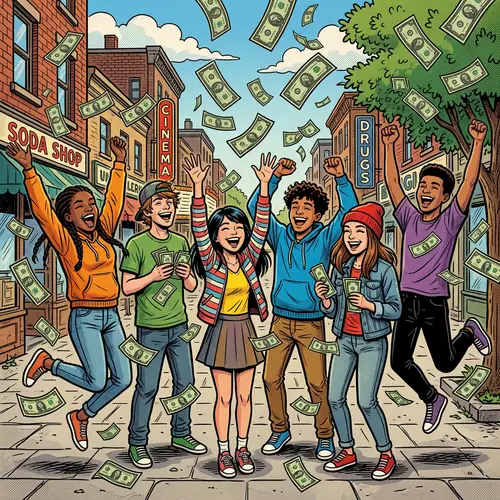 Vibrant Teenagers Embracing Money - Pop Art Inspired Scene