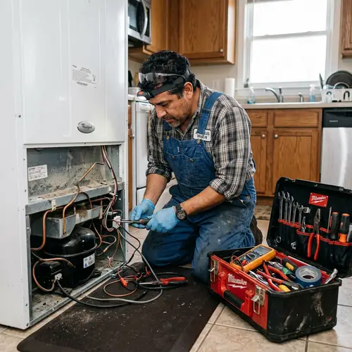 Hispanic Refrigeration Repair Technician Fixing Refrigerator