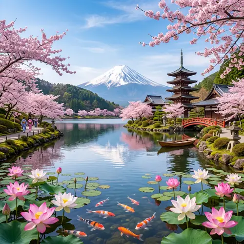 Japanese Landscape with Lotus Flowers and Koi