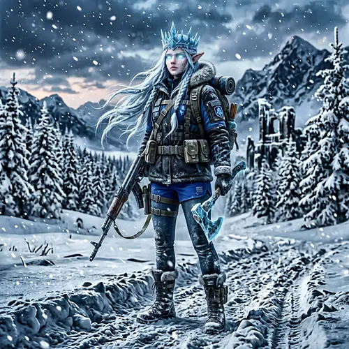 STALCRAFT Winter Character: Ethereal Female in Blue, Snowy Landscape