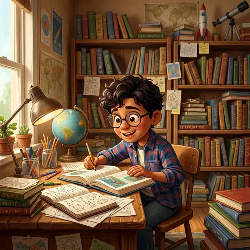 Hispanic Young Boy Studying: Animated Learning Scene