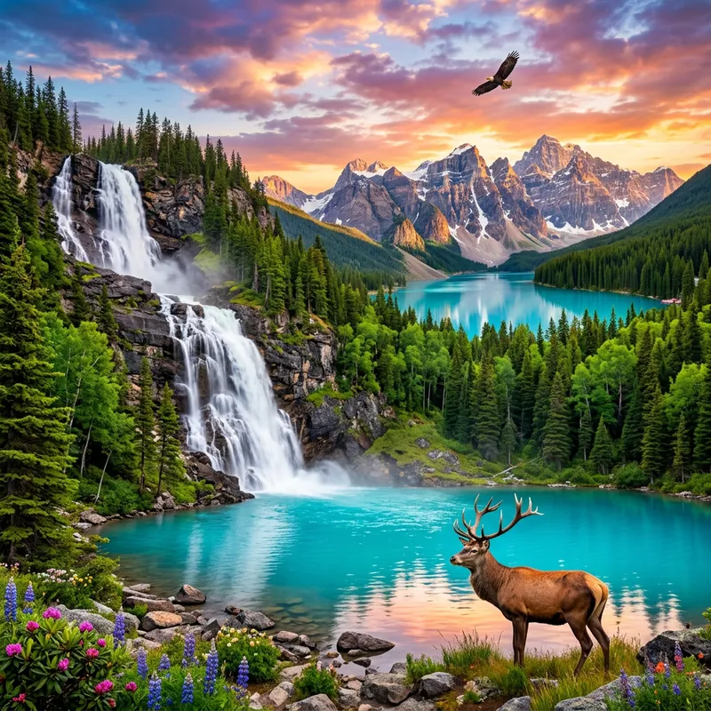 Turquoise Lake with Cascading Waterfall and Wildlife