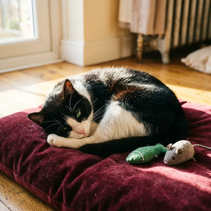 Cute Black and White Cat on Plush Cushion