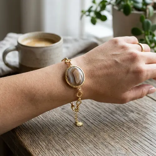 Elegant Gold Bracelet with Center Agate Stone