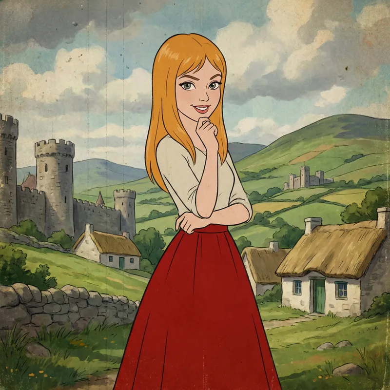 Young Lady with Strawberry Blonde Hair and Grey Eyes | Irish Countryside Scene