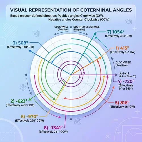 Coterminal Angles Visualization: Degrees 415, -623, 508, -720, 816, -970, 1054, -1341
