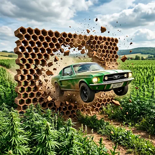 Green Car Bursting Out of Brown Honeycomb Patterned Wall
