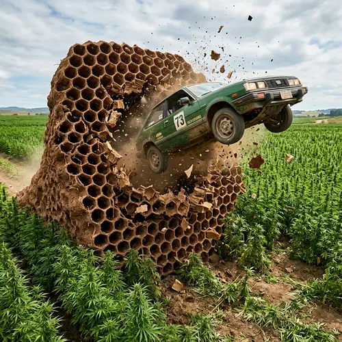 Green Car Emerging from Brown Honeycomb Structure in Green Hemp Field