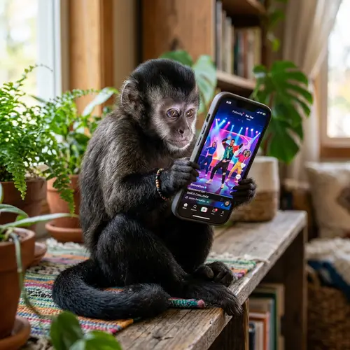 Curious Monkey Engrossed in Smartphone Video