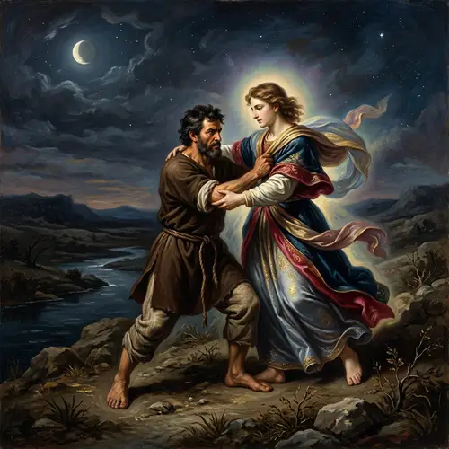 Renaissance Oil Painting of Jacob's Struggle