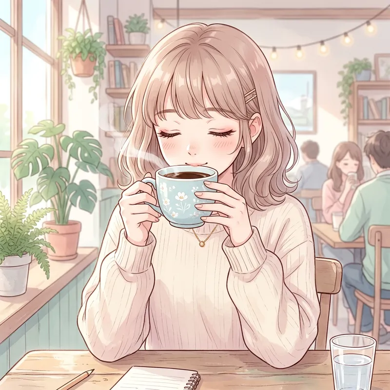 Anime-Style Illustration of Woman Drinking Coffee in Light Colours Anime-Style Illustration of Woman Drinking Coffee in Light Colours