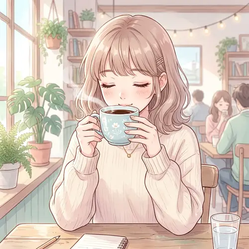 Anime-Style Illustration of Young Woman Sipping Coffee