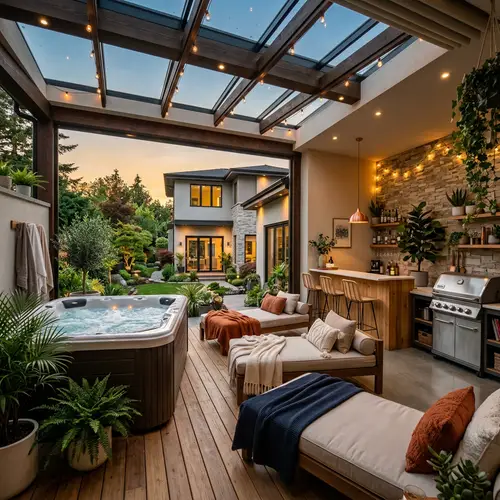 Modern Backyard Jacuzzi with Terrace and Bar