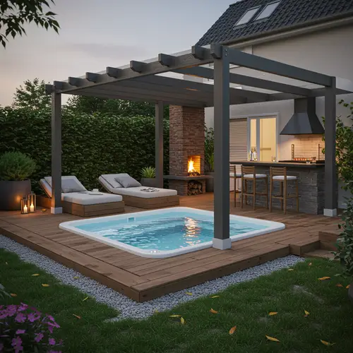 Modern Backyard Jacuzzi with Terrace and Bar