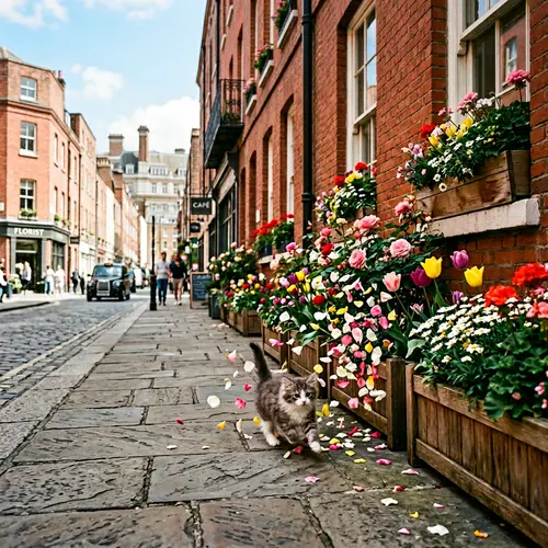 Adorable Kitten Frolicking Among Flowers on City Street