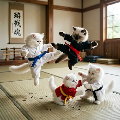 Playful Ninja Kittens: White Persian & Himalayan Pals Practicing Martial Arts